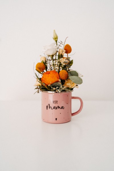 Emaille Tasse Muttertag mit Blumengesteck